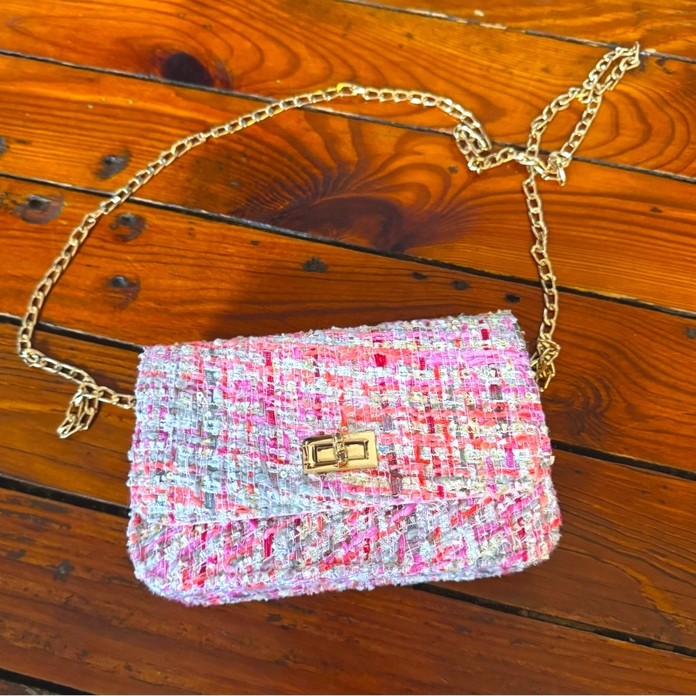 Quilted Tweed Pink with Sparkle Crossbody Purse Gold Hardware